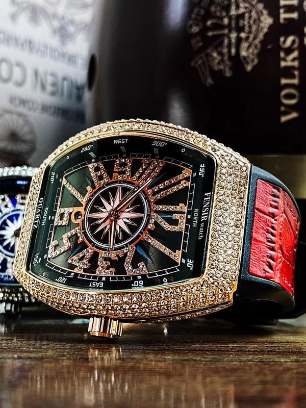 Luxury Rhinestone Decorated Quartz Watch, 2024 New Style Fashionable Elegant Square Dial Analog Watch for Men & Women, Trendy Watch for Daily Life with Box