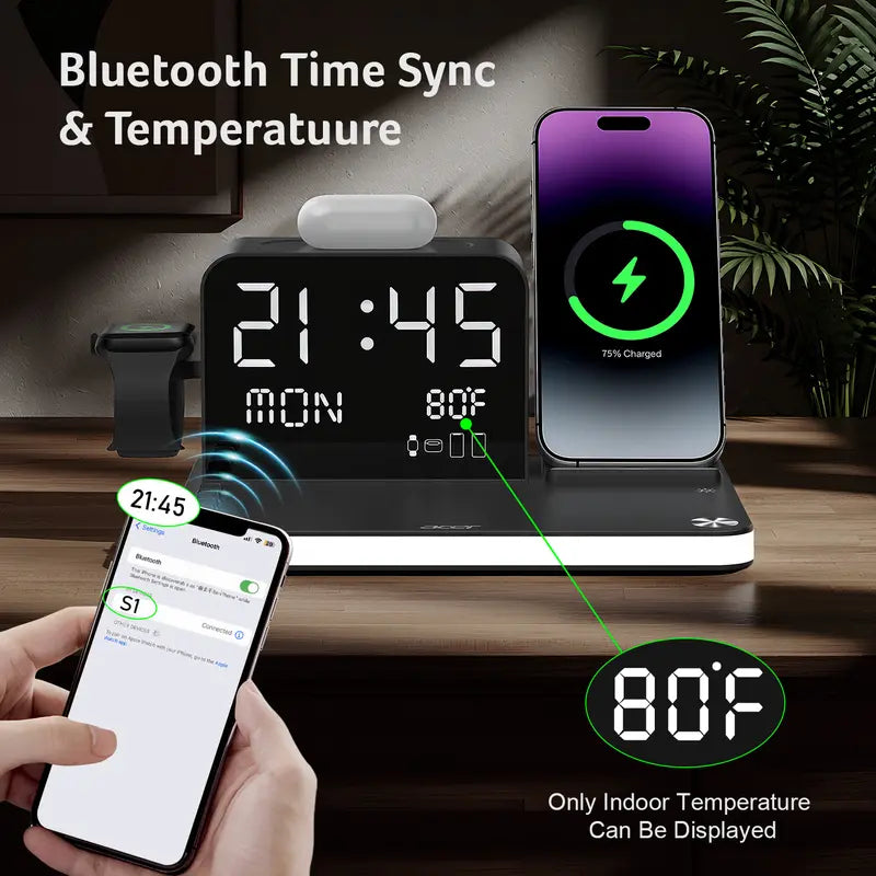 7 in 1 Wireless Charging Station with LED Night Light, Bluetooth Time Sync Clock & Temperature Display, USB-A & USB-C Ports – Compatible with iPhone, Android, Apple Watch & AirPods, Perfect Christmas & New Year Gift – TikTokShopBlackFriday