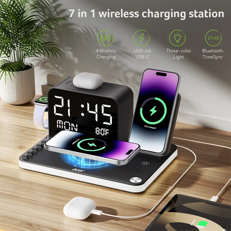7 in 1 Wireless Charging Station with LED Night Light, Bluetooth Time Sync Clock & Temperature Display, USB-A & USB-C Ports – Compatible with iPhone, Android, Apple Watch & AirPods, Perfect Christmas & New Year Gift – TikTokShopBlackFriday