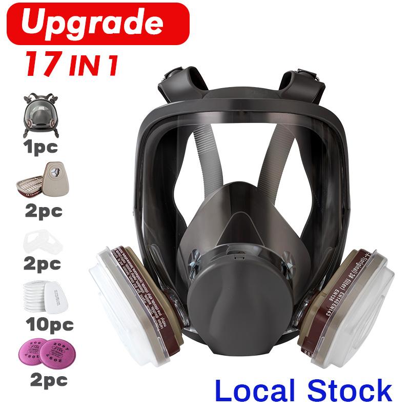 Reusable Respirators Pomerol Reusable Full Face Mask with Filter Cartridge - 17 /15 in 1 Multi-Function Dual Filter Cartridge Anti-Virus, Anti-Dust Pro Safety Protection Gas Mask for Painting, Carpentry, Construction,Grinding, Garage Security Protection