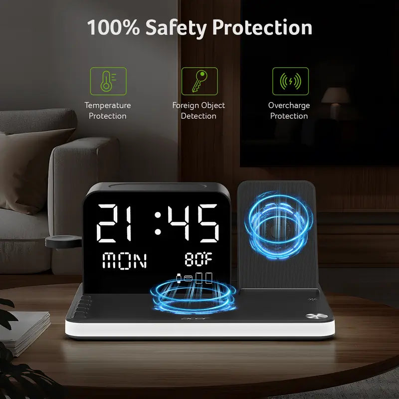 7 in 1 Wireless Charging Station with LED Night Light, Bluetooth Time Sync Clock & Temperature Display, USB-A & USB-C Ports – Compatible with iPhone, Android, Apple Watch & AirPods, Perfect Christmas & New Year Gift – TikTokShopBlackFriday