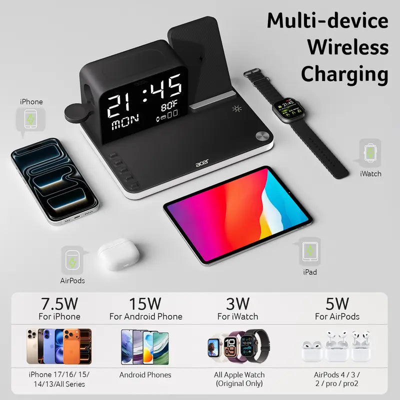 7 in 1 Wireless Charging Station with LED Night Light, Bluetooth Time Sync Clock & Temperature Display, USB-A & USB-C Ports – Compatible with iPhone, Android, Apple Watch & AirPods, Perfect Christmas & New Year Gift – TikTokShopBlackFriday