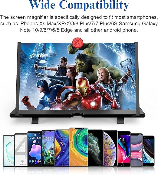 12" Screen Magnifier,3D HD Mobile Phone Magnifier Projector Screen Enlarger for Movies, Videos, and Gaming,Foldable Cell Phone Stand with Screen Amplifier,Supports All Smartphones (Black, 12inch) Folding Protection Cellphone Protector